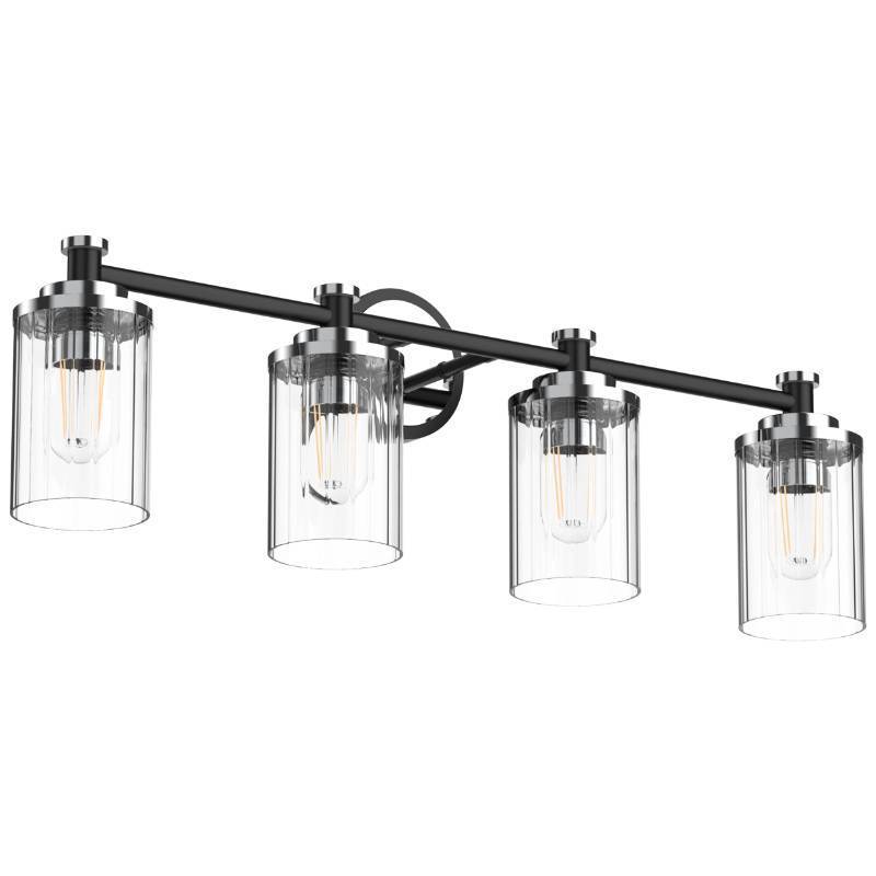 lot 1139 image: PHIXART Bathroom Lighting Fixtures Black and Chrome Bathroom Vanity Light with Cylindrical Clear Stripes Glass Lampshade E26 Socket Base Bathroom Lighting Fixtures Over Mirror (4 Lights) - Retail $80