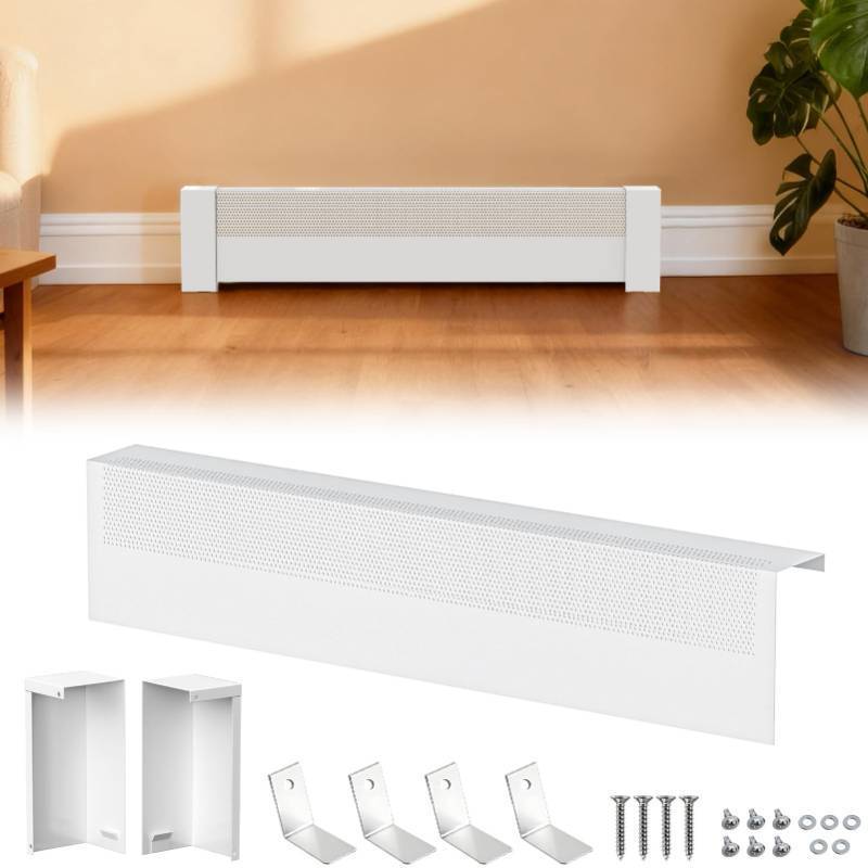 lot 1148 image: 4FT Baseboard Heater Cover, Galvanized Steel Decorative Baseboard Heater Covers with End Caps, Easy Slip-On Baseboard Covers for Heaters, Fits Hydronic & Electric Systems - Retail $56