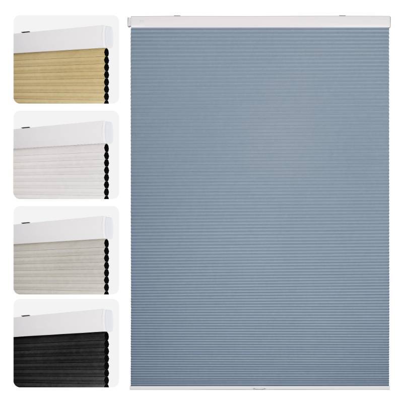 lot 1169 image: ZELUNA Cordless No Drill Blackout Honeycomb Shades - Thermal Insulation, UV Protection, Privacy, Room Darkening, Blue 34.5 W X 60 H - Retail $49