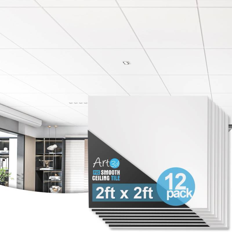 lot 3617 image: Art3d 12-Pack Smooth Drop Ceiling Tile 2ft x 2ft - Fire-Rated, Waterproof, Reusable - Preimum PVC, No Sag and Breakage - Cover 48 Sq. Ft, White - Retail $67