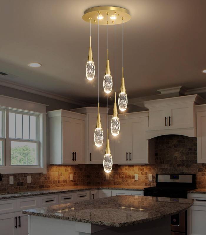 lot 3641 image: 6-Lights Adjustable Pendant Lights for Kitchen Island LED Dimmable Light Fixture Modern Glam Crystal Hanging Lighting for Dining Room Bedroom Antique Gold - Retail $179