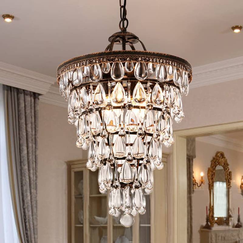 lot 4518 image: Wellmet 14 Inch Crystal Chandelier,Farmhouse Bronze Bathroom Chandeliers,4-Light Foyer Lighting Hanging Pendant Light Fixture for Bedroom Entryway Living Kids Room Corridor Closet - Retail $179