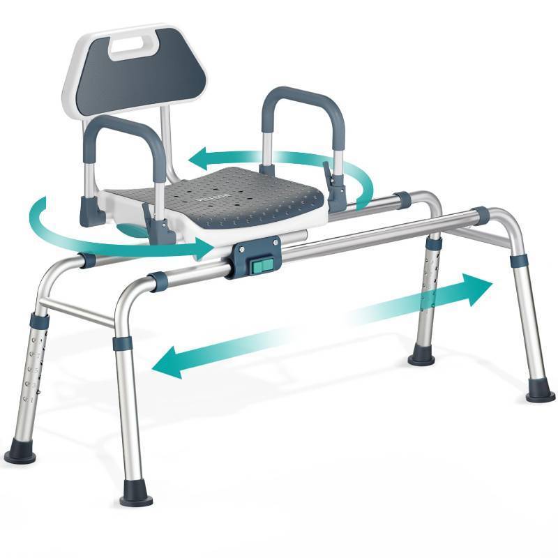 lot 4556 image: Sliding Shower Chair Tub Transfer Bench with Swivel Seat, Shower Bench for Elderly and Disabled, with Security Belt, 360 Rotation, Slides and Rotates, Adjustable,one Touch Slide Button, Dark Blue - Retail $200
