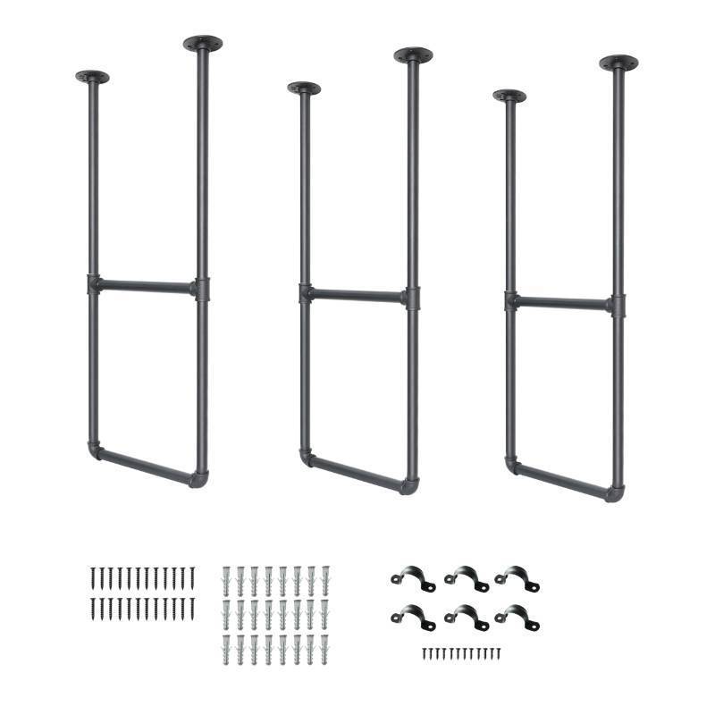 lot 1056 image: DIYHD 37 Ceiling Mount Black Shelf 3 Pairs U Shape Pumbing Pipe Bracket for Kitchen(No Planks) - Retail $90