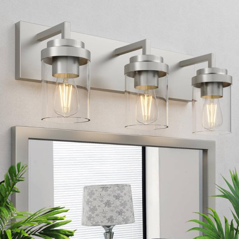 lot 1065 image: Espird Bathroom Lighting Fixtures, 3-Light Bathroom Vanity Lights Over Mirror, Brushed Nickel Vanity Light with Glass Shade, Modern Vanity Lighting Fixtures for Bathroom, Bedroom, Hallway - Retail $96