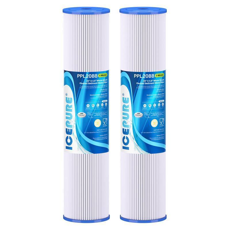 lot 1075 image: ICEPURE 20 x 4.5 Whole House Pleated Sediment Filter for Well Water,Remove Rust,Chlorine, Replacement Cartridge for ECP5-BB, AP810-2, HDC3001, SPC-45-1005, CP5-BB, ECP1-20BB, S1-20BB,R30-20BB,2Pack - Retail $54