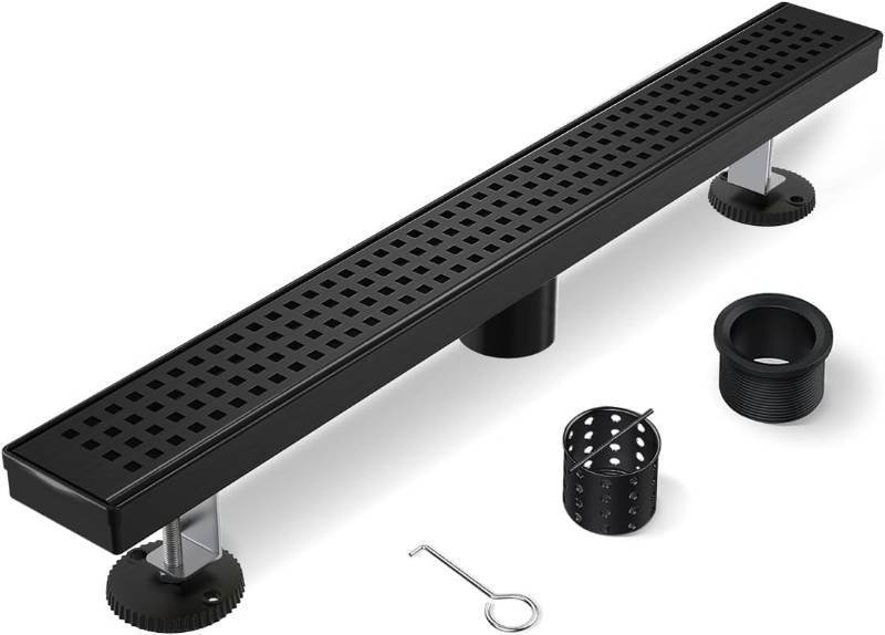 lot 1095 image: HTOH Linear Shower Drain, 42 Inch Black Shower Drain with Removable Square Hole Cover Grate, Modern 304 Stainless Steel Matte Black Shower Floor Drain with Adjustable Feet,Hair Filter - Retail $150