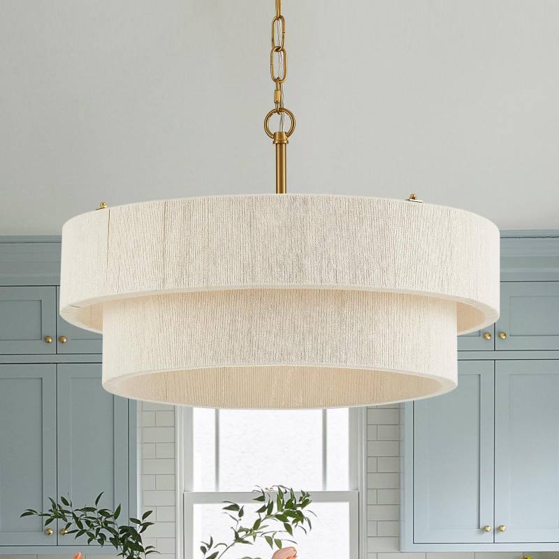 lot 1096 image: ELYCCUPA 20Hand Woven Rattan Chandelier Boho Pendant Light Adjustable Coastal Pendant Light for Kitchen Island Dining Living Room, White, UL Listed - Retail $140