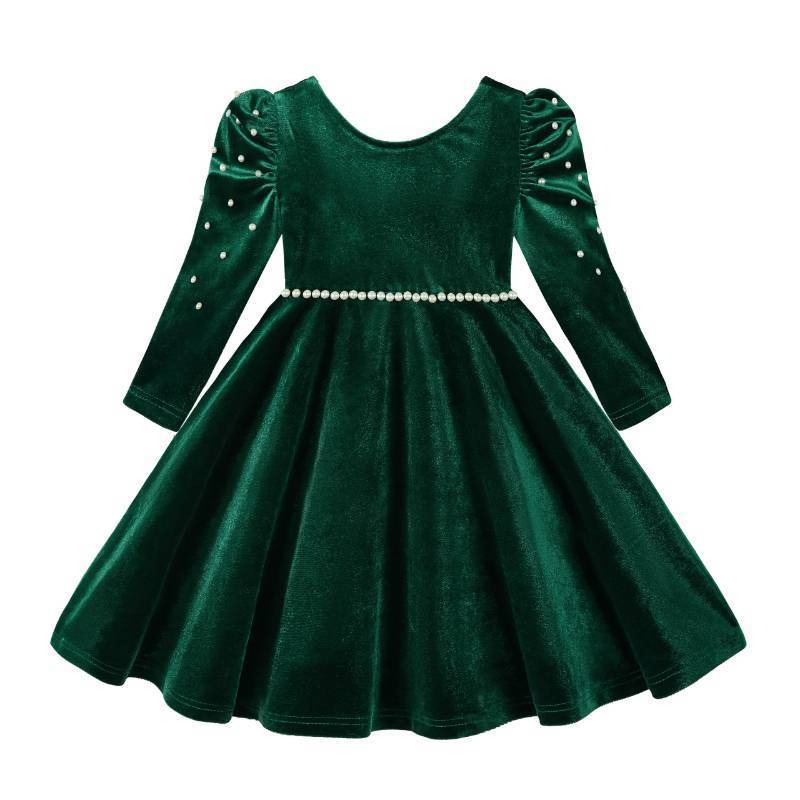 lot 2004 image: Miipat Toddler Girls Velvet Dress Pearls Fall Winter Dress Kids Long Sleeve Elegant Wedding Party Dress(DarkGreen,9-10Years)&nbsp