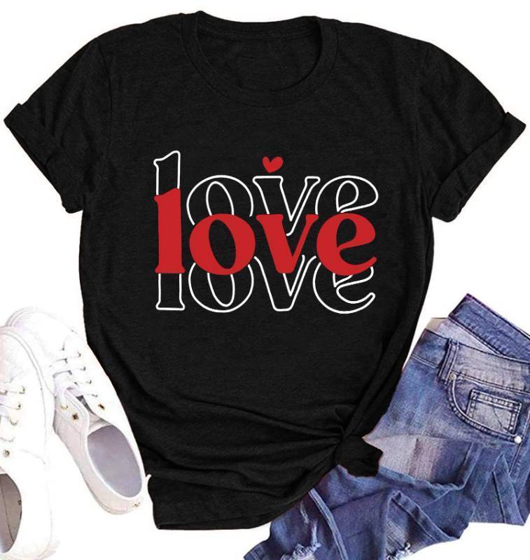 lot 2196 image: Valentine Day Shirt for Women Love Heart Graphic Shirts Causl Loose Short Sleeve Summer Tops B-Black, S