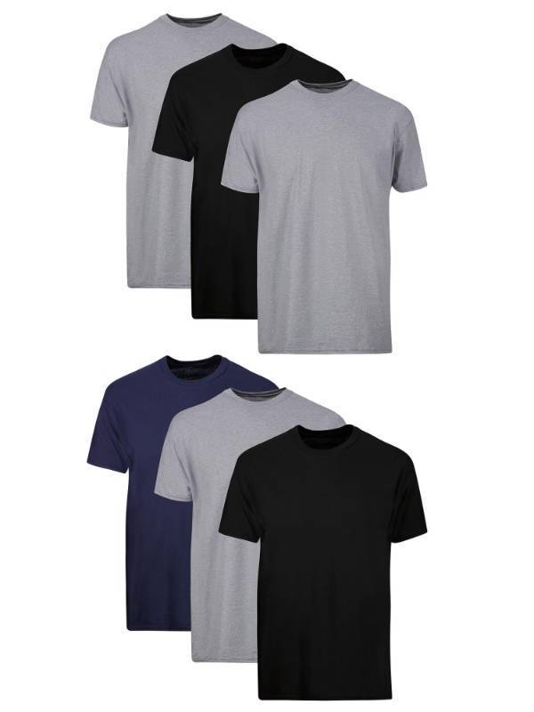 lot 2101 image: Hanes Mens Cotton, Moisture-wicking Crew Tee Undershirts, Multi-packs, BlackGreyBlue Assorted - 6 Pack, Medium US - Retail $18