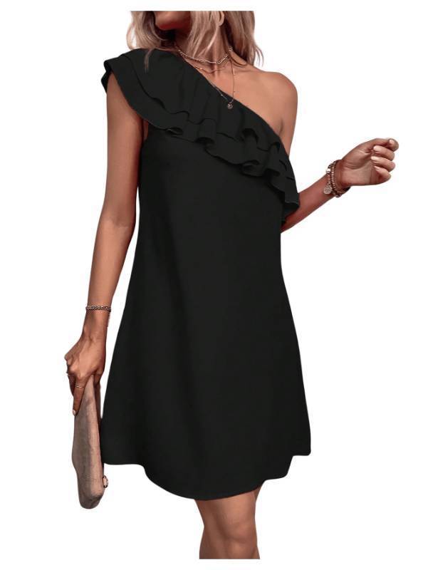 lot 2105 image: Floerns Womens One Shoulder Tiered Layered Sleeveless Ruffle Trim Tunic Dress Black Solid L - Retail $37