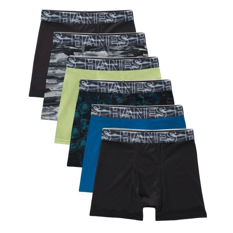 lot 2107 image: Hanes Boys Big Performance Tween Boxer Brief Pack, X-Temp Mesh Underwear, Assorted, BlackBlueGreenGrey - 6 Pack, Small - Retail $20