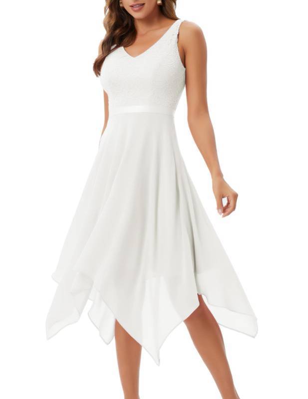 lot 2013 image: Meetjen Women A Line V Neck Lace Chiffon Dress Bridesmaid Cocktail Prom Dresses Vestidos De Mujer Elegantes White S - Retail $53