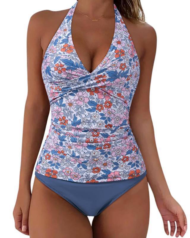 lot 2026 image: SUUKSESS Women Sexy Halter Tankini Bathing Suits Slimming Tummy Control High Waisted Swimsuits 2 Piece (Floral Printed Blue, 2XL) - Retail $39