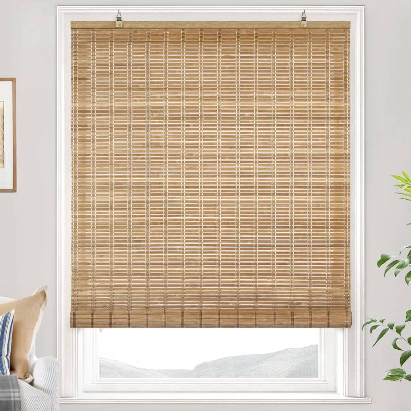 lot 2027 image: LazBlinds Cordless Bamboo Blinds, Bamboo Roll Up Shades for Windows, Light Filtering Hanging Window Blinds, Shades for Patio IndoorOutdoor Porch, 26 W x 64 H, Brown206 - Retail $38
