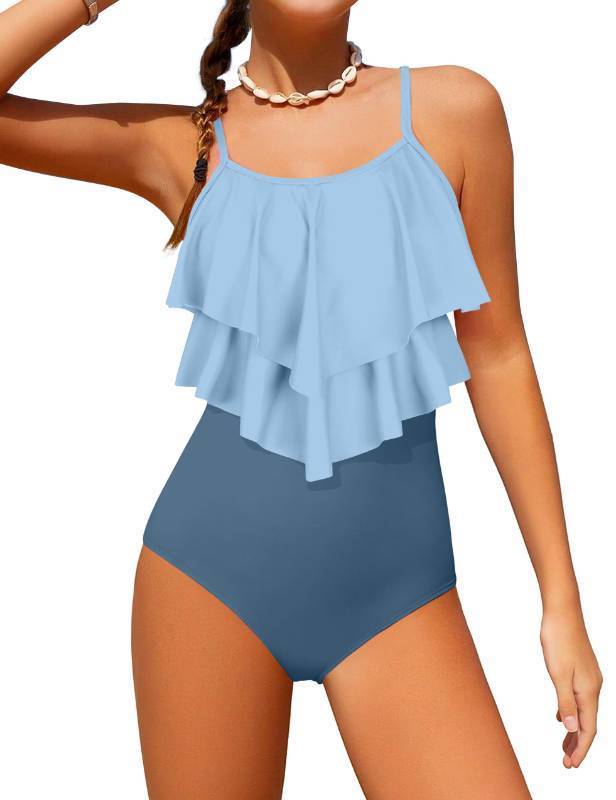 lot 2032 image: Tomolant Girls Swimsuit, Girls Bathing Suits Size 14-16 Color Block One Piece Swimsuit 2-Tiered Ruffle Teen Bathing Suits with Chest Pad Adjustable Straps Swimwear - Retail $27