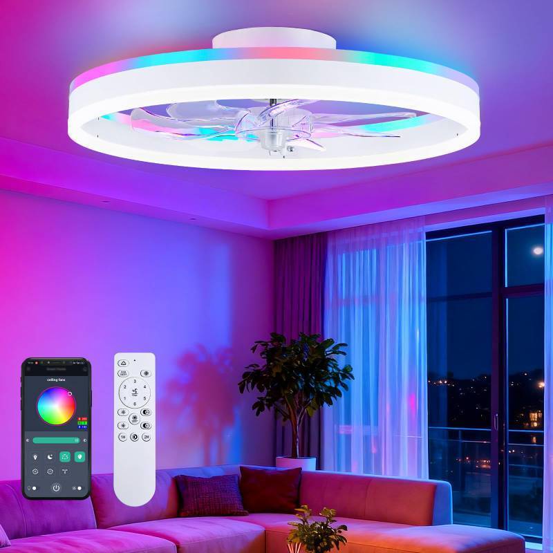 lot 2014 image: ORITHAM RGB Ceiling Fans with Lights, 20 Fandelier Low Profile Ceiling Fan with Light, Modern Flush Mount Ceiling Fan Light with RemoteAPP Control, Bedroom Chandelier Fan Fixture for Indoor(White) - Retail $80