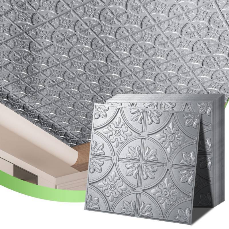 lot 2017 image: Art3d Drop Ceiling Tiles 2x2, Glue-up Ceiling Panel, Fancy Classic Style, Argent Silver 12 pieces - Retail $67