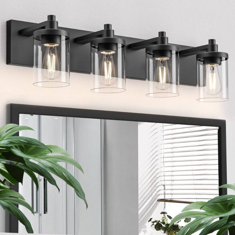 lot 2039 image: Danshinro Bathroom Vanity Light, 4 Light Matte Black Light Fixture with Clear Glass Shade, 29 in Modern Farmhous Vanity Lights, Bathroom Light Fixtures Over Mirror for Bathrooms, Livingroom - Retail $86