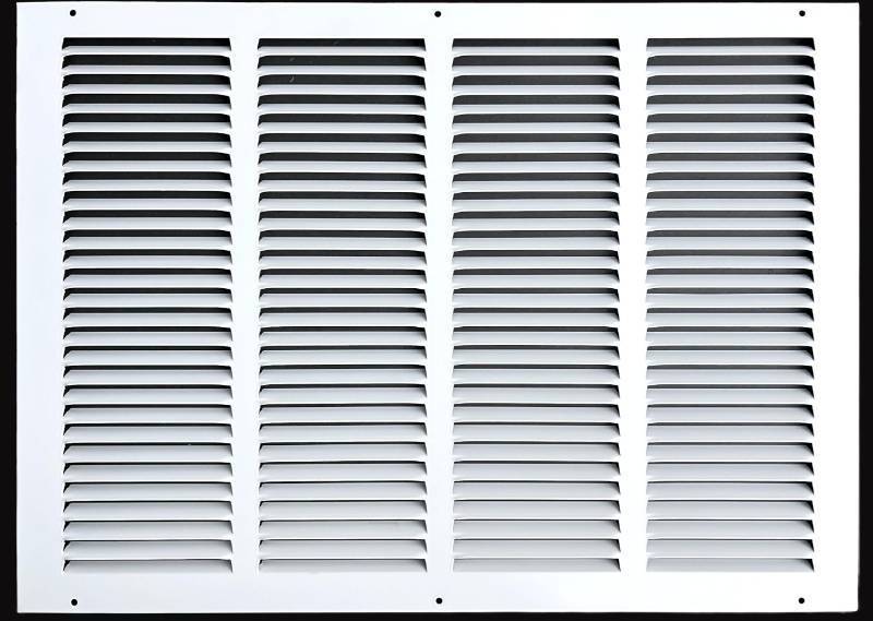 lot 2045 image: Fits 20x14 Duct Opening Stamped Steel Return Air Grille Vent Cover Grille for Sidewall and Ceiling in White Surface Dimensions 21.75W X 15.75H (20 W x 14 H Duct Opening) - Retail $35