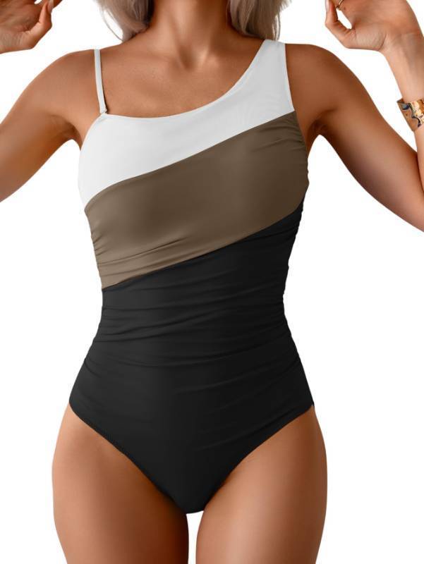 lot 2074 image: Aidonger One Shoulder One Piece Swimsuit for Women Tummy Control Bathing Suits Color Block Ruched Swim Suit Slimming Swimwear large - Retail $38