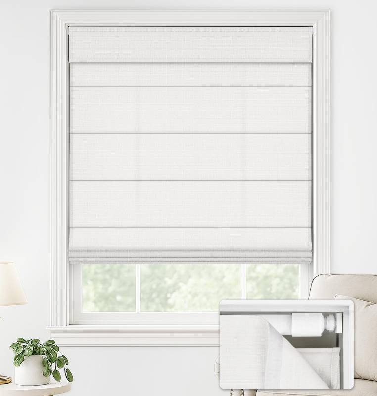 lot 2048 image: LazBlinds No Drill Roman Shades for Windows, Cordless Light Filtering Window Shades with UV Protection, Polyester Fabric for Bedroom & Living Room, 27 W x 64 H, Off White - Retail $54