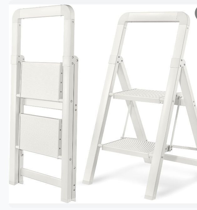 lot 2063 image: BIBKOKE Step Ladder 2-Step White Finish Aluminum Folding Step Ladders,Anti-Slip Max 330 lbs - Retail $30