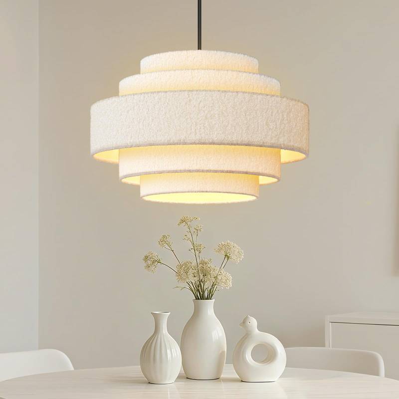 lot 2066 image: 20 Modern 5-Tier Chandelier, Large Plush Drum Pendant Light for Kitchen Island, Adjustable Height & White Shade, Coastal Hanging Lighting Fixture for Dining Room, Living Room, Bedroom, Foyer - Retail $125