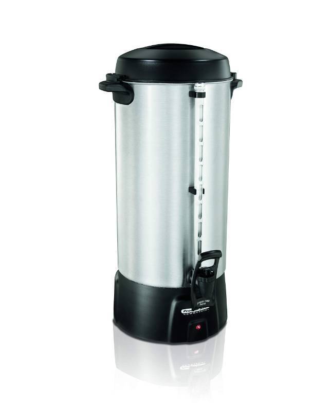 lot 2067 image: Proctor Silex Commercial 45100R Brushed Aluminum Coffee Urn, 100 Cup Capacity, Fast Brewing, One-Hand Dispensing, Dual Heaters, Commercially Rated, NSF Listed - Retail $168