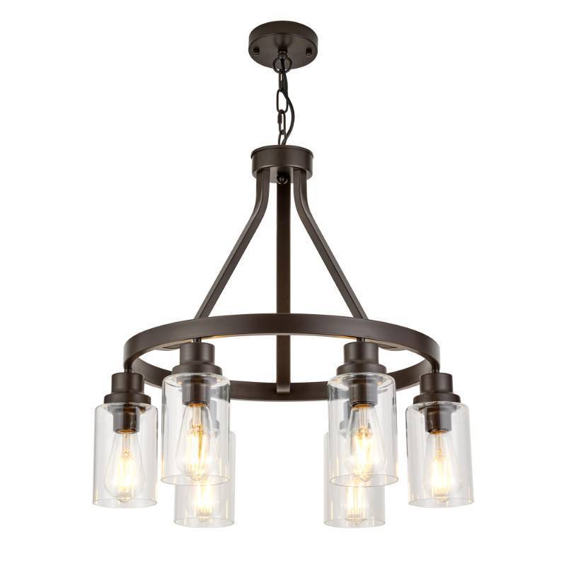 lot 2055 image: LIGOTFIRE Wagon Wheel Chandelier Oil Rubbed Bronze Dining Room Lighting Fixture Hanging Farmhouse Chandelier 6 Light Kitchen Island Lighting with Glass Shade - Retail $176