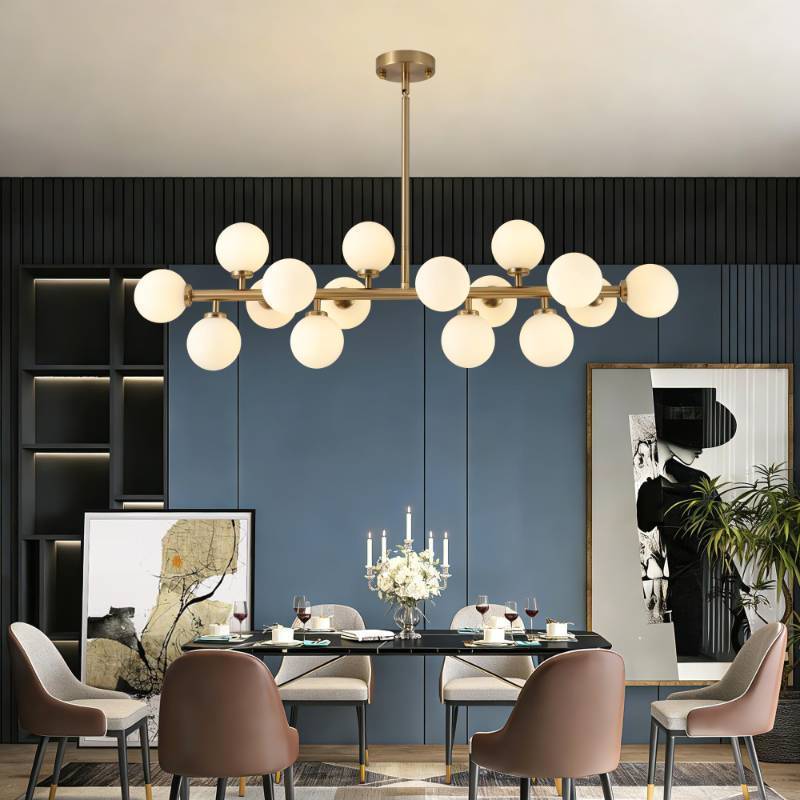 lot 2078 image: 7PMBEANE Mid Century Modern Chandelier Over Table, 16-Light Globe Sputnik Chandelier Rectangle Pendant Lighting Fixture Hanging Ceiling Light for Dining Room, Kitchen Island - Retail $169
