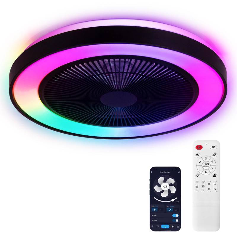 lot 2058 image: Vookea 2-in-1 Low Profile Ceiling Fan with Light, 20 Caged Safety Design for Kids - RGB Color, Smart APPRemote Control, Quiet Flush Mount DC Motor, Ideal for BedroomLiving RoomKitchen, Black - Retail $110
