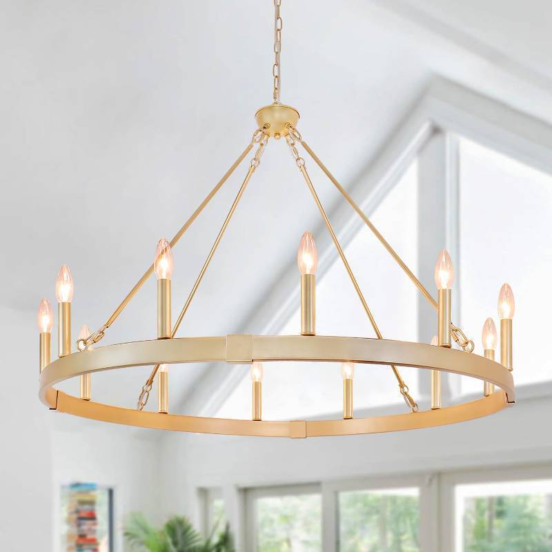 lot 2059 image: Rviezza Gold Wagon Wheel Chandelier 37.4 inch, 12-Light Large Round Industrial Gold Farmhouse Chandeliers for High Ceilings Dining Room Living Room Foyer Entryway Outdoor Porch - Retail $156