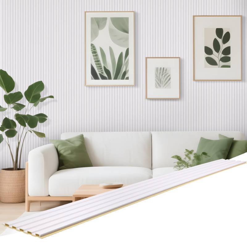 lot 2071 image: LETKEYS 16 Packs Slat Wood Wall Panels, 48 x 6 Inch WPC Wainscoting Panels for Interior Wall Decor, Living Room, Bedroom, Fluted Accent Wall Panels, Low Grille Wall Panels, White Oak - Retail $100
