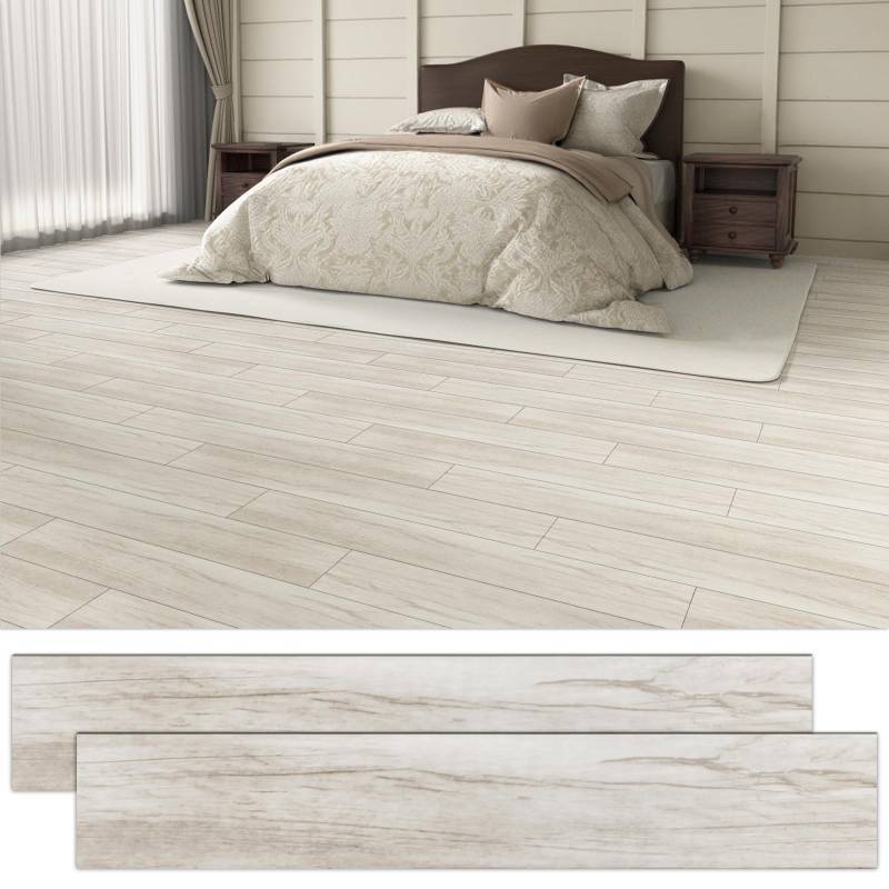 lot 2077 image: 54 Sq.Ft. Peel and Stick Vinyl Floor Tiles 36 x 6 Wood Look Planks, 36 Pack Waterproof Self-Adhesive Flooring Tiles, DIY for Renter, Kitchen, Living Room, RV, Washed White - Retail $55