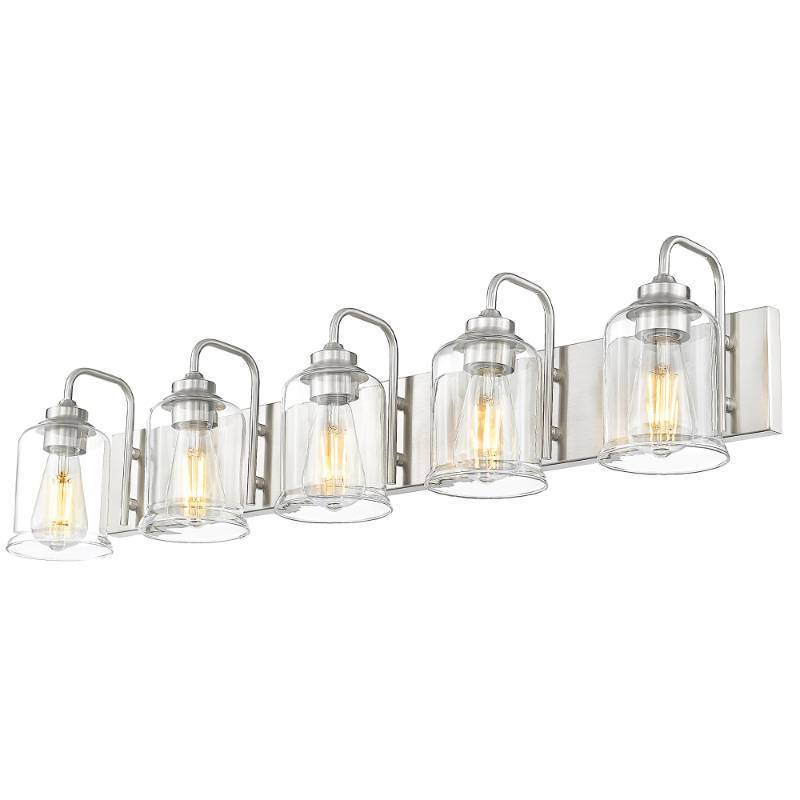 lot 2080 image: zeyu 36 Inch Farmhouse Modern Bathroom Lighting Fixture, 5-Light Bathroom Vanity Light, Brushed Nickel Finish with Clear Glass Shade, ZSL72B-5W BN - Retail $150