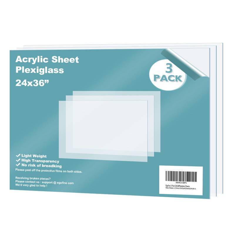 lot 2091 image: Egofine Plexiglass Sheets Acrylic Sheets 3 Pack of 24x36 0.04 Thick Clear Plastic Cast Transparent Plexi Glass for Crafting Projects, Replacement Picture Frame Glass, DIY Display, Easy to Cut - Retail $33