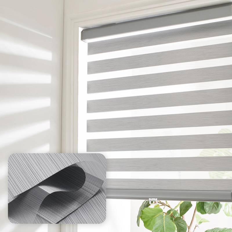 lot 2102 image: Bricurtex Cordless Zebra Blinds for Windows Shade Dual Layer Free-Stop Light Filtering Roller Blinds Thermal Insulated Privacy Protection, Inside or Outside Mount(Light Grey,38W x 72H) - Retail $59