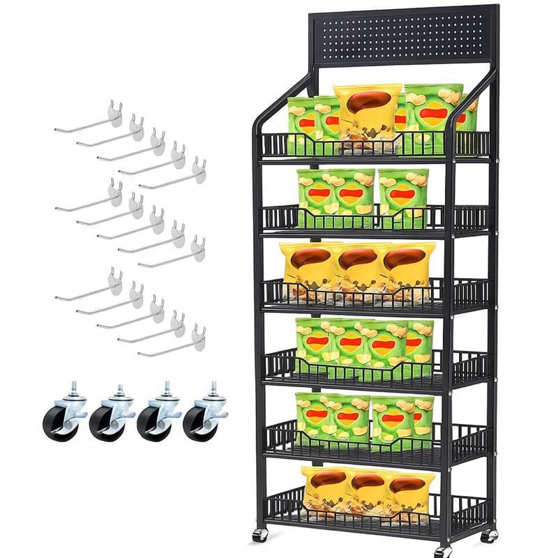 lot 2109 image: DoubleFill 1 Set 6 Tier Retail Display Rack Shelf Cart with Wheels and 15 Hook Heavy-Duty Metal Snack Potato Chip Display Organizer Concession Stand for Supermarket Grocery Store Home Black - Retail $100