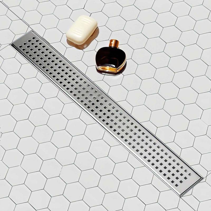 lot 2106 image: SaniteModar Linear Shower Drain, Shower Drain 36 inch with Removable Square Hole Panel, AISI Brushed 304 Stainless Steel Shower Floor Linear Drain with Adjustable Feet and Hair Strainer - Retail $73