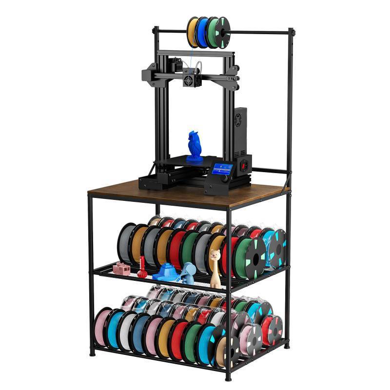 lot 2116 image: 3D Printer Stand with Filaments Storage, 29.13L x 22.44W 3D Printer Table Filament Organizer Spools Holder Racks with Removable Basket, Hold Spool PLA, ABS, PETG for Workshop Studio Office (Brown) - Retail $110