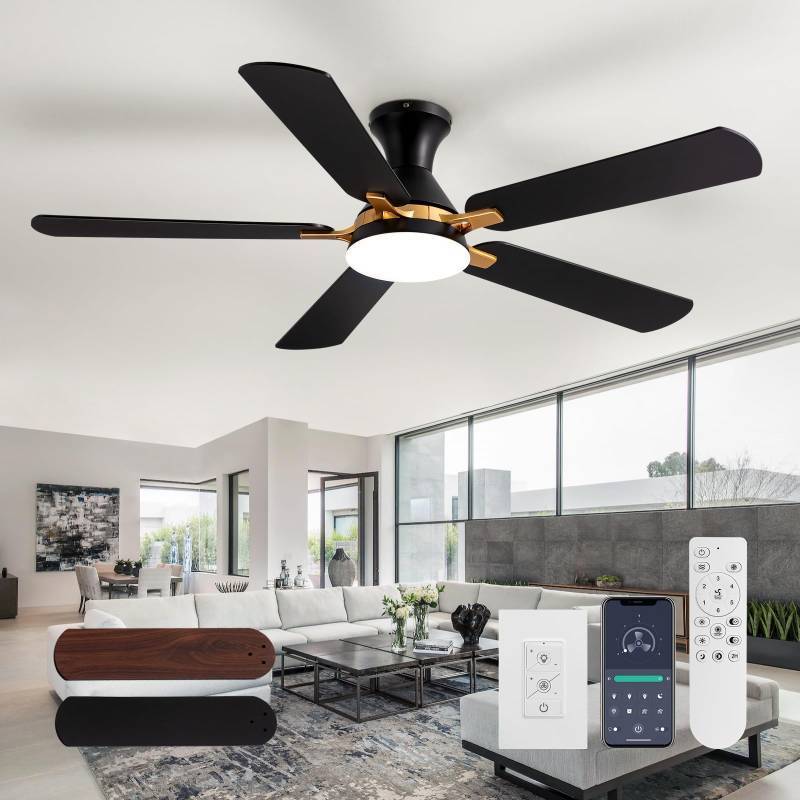 lot 2123 image: CROSSIO 52 Modern Ceiling Fans with Lights and Remote ControlAPP 5 Blades Black Low Profile Ceiling Fan LED Dimmable Flush Mount Ceiling Fan with Light for Living Dining Room Patio Kitchen - Retail $76
