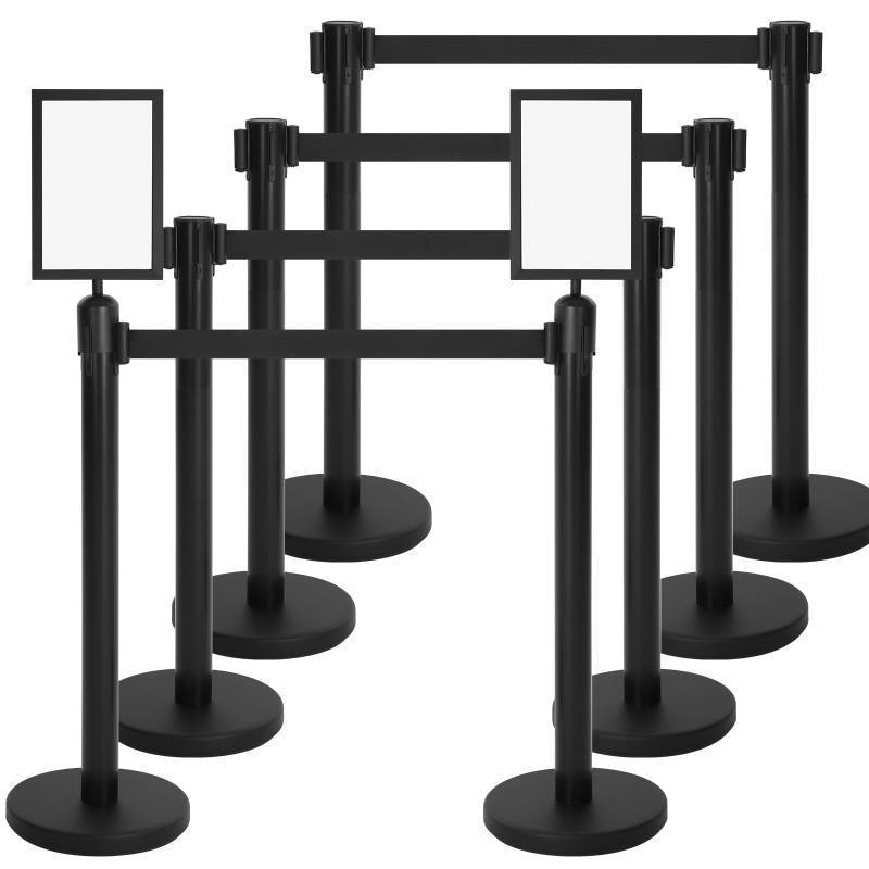 lot 2128 image: Therwen 8 Pcs Stanchions with 8.2 ft Retractable Belt Black Crowd Control Stanchions Set and Stanchion Post Sign Easy to Assemble Line Dividers Queue Ropes for Theaters, Weddings, Exhibitions - Retail $225