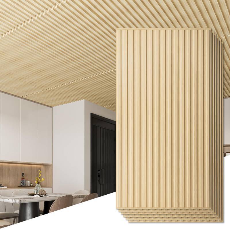 lot 2130 image: Art3d 6-Pack Slat Design 3D Wall Panels for Interior Wall Decor, 2x4 FT PVC Decorative Drop Ceiling Tiles - Oak, 24 x 48in. - Retail $89