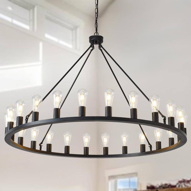 lot 2132 image: HHR 48-Inch Wagon Wheel Chandelier 24-Light, Extra Large Black Chandeliers, Round Rustic Farmhouse Outdoor Chandelier for High Ceilings, Dining Room, Living Room, Foyer, E26 - Retail $179