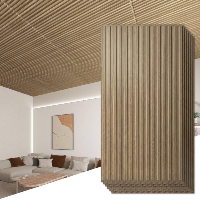 lot 2135 image: Art3d 12-Pack Slat Design 3D Wall Panels for Interior Wall Decor, 2x4 FT PVC Decorative Drop Ceiling Tiles - Walnut - Retail $133