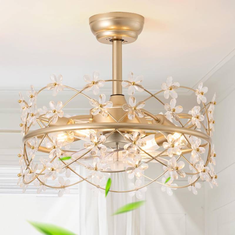 lot 2142 image: youngrender 20 Inch Gold Caged Ceiling Fan with Light, Flower Chandelier Ceiling Fan with Lights Remote Control, Frower Crystal Fandelier 6 Speeds for Girls Bedroom, Living Room - Retail $140