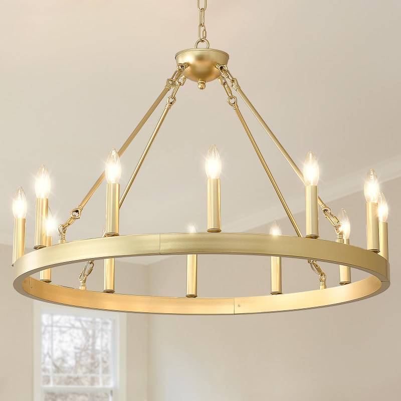 lot 2146 image: VBKK Gold Wagon Wheel Chandelier Farmhouse 32-Inch, 12-Light Modern Gold Chandelier for Dining Room, Round Iron Industrial Chandeliers Light Fixture for Living Room, Foyer, Entryway, E12 - Retail $180