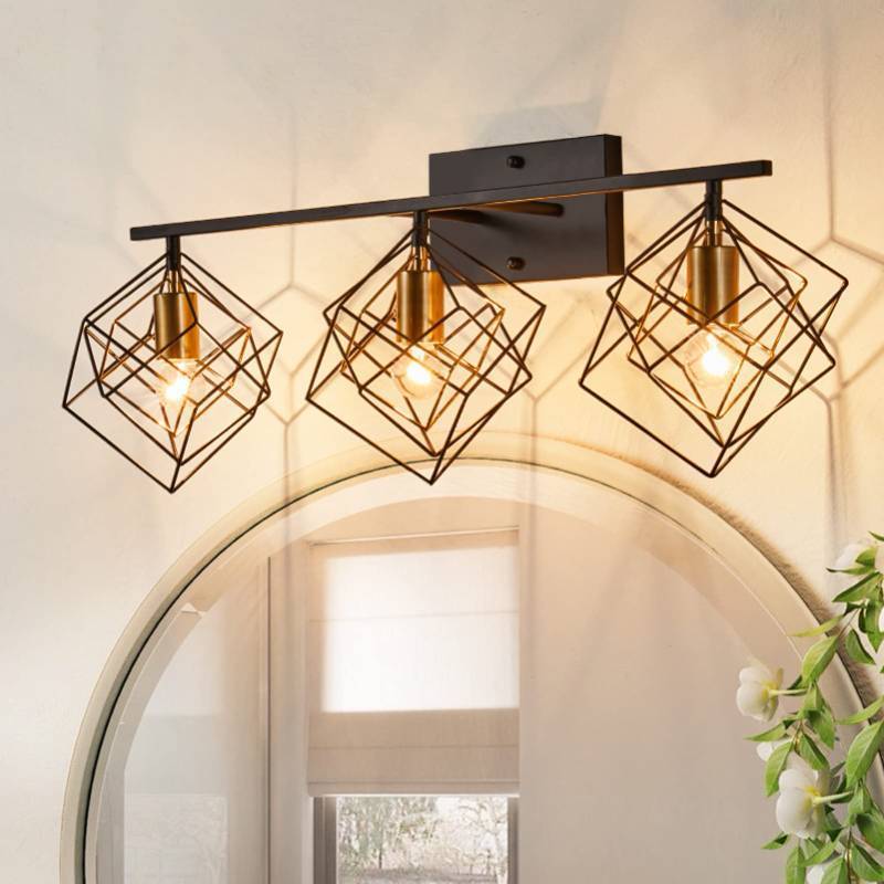 lot 2151 image: BEHIYA 3 Light Vanity Light for Bathroom,Bathroom Light Fixtures Over Mirror with Rotatable 3 Cube Shades, Modern Wall Mounted Lights Matte Black,Industrial Black Vanity Light for Hallway Living Room - Retail $88